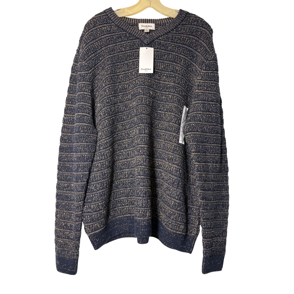 Goodfellow & Co Mens XL Navy Blue Tan Marled V-Neck Textured Knit Sweater NWT